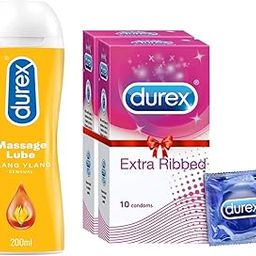 Durex Lube Sensual Massage and Lubricant Gel - 200ml & Durex Extra Ribbed Condoms for Men - 10 Count (Pack of 2)-1