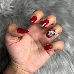 The NailzStation Red Press On Nails | 12 Pcs Artificial Nail Extension Set | Reusable, Handmade, Premium Fake Nails with Glue, Sticker Tabs & Tools (Glossy, Studded, Short Oval, Red)-image-96