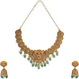 Fashion Jewellery Ruby-Green Gold Polished Antique Short Necklace With Push Back Jhumka and Adjustable Chain for Festive Season, Necklace set for women - 433122-image-21