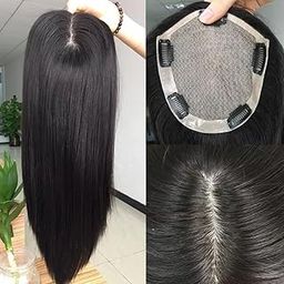 Middle Partition Straight Synthetic Hair Topper, Hairpiece/Hair Extensions for Women & Girls 4 x 4 Inches Silk Base Length 24 Inch (Black)-41