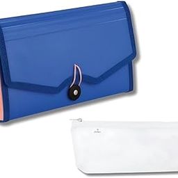 Polen Cheque Expanding File with Elastic Closure 13 Pockets, Edge Binding, Index Tab + Net Pencil Pouch Mesh Nylon Bag, Stationery Bag for Students and Office Etc, Combo Set. (Radiant Blue)-49