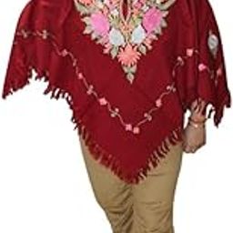 Kashmiri Embroidered Fringe Poncho for Women, Red-image-28