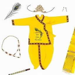 MGTIPL Krishna Dress for Baby Boy Kids Set of 8 (Dhoti, Kurta Bagalbandi, Patka, Maharaja Mala, Mukut, Morpankh, Bansuri, and Kundal) Janmasthmi Costume (Yellow)-5