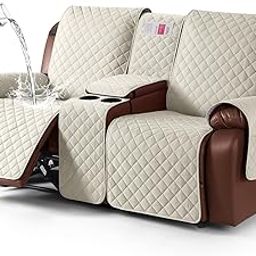 KinCam 100% Waterproof Loveseat Recliner Cover with Console, Non-Slip Reclining Couch Covers for 2 Seat, Recliner Couch Cover Furniture Protector with Elastic Straps for Kids, Pets, Ivory-image-56
