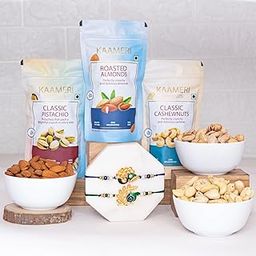 Kaameri Bazaar Rakhshabandhan Gift Hamper for Brother - Combo with Dry Fruits - Rakhi for brother and bhabhi with Cashewnuts, Almonds, Pistachio, Greeting Card and Roli Chawal Pack - Morpankh Rakhi-image-23