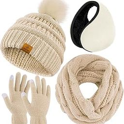 4-In-1 Winter Warm Sets Knitted Scarf Touch Screen Gloves Beanie Pompom Hat and Winter Ear Warmer for Men or Women-image-97