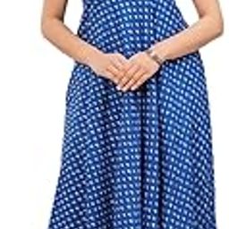 Women's Printed Cotton Midi Dress, Royal Blue with Small Motifs, Sleeveless A-Line Cut-image-45