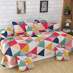 PRISCILLA 250 TC Glace Cotton Diwan Set for Living Room/Drawing Room/Bedroom Set of 8 (1 Single Bedsheet, 5 Cushion Covers, 2 Bolster Covers). (Model08)-image-4