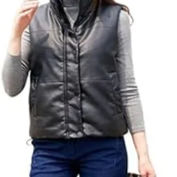 chuongkaiye Women’s Quilted PU Leather Vest Sleeveless Zipper Jacket Stand Collar Autumn Winter-picture-32
