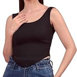 Women’s & Girls Bottom V Hem Crop Top | Round Neck Ribbed Cotton Sleeveless Stretchable Slim Fit Tee for Casual, Gym & Layering | Stylish Summer Short Top Black-image-81