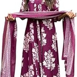 Women's Rayon Viscose Anarkali Printed Kurta with Palazzo & Dupatta Wine-image-65