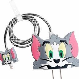 Prolet Cartoon Silicone Charger Case for iPhone Adapter Compatible with 18W and 20W Charger Only 360° Full Protection Silicone Case Cover 4 in 1(Tom) Grey-image-1