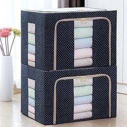 RIVUGJA Fabric Clothes Storage Box for Wardrobe Cloth, Saree, Towel, Blanket Foldable Organizer Bag with Steel Frame, Top and Front Zipper Open Bags (2 PCS 66L)-image-53