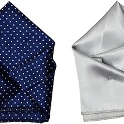 Set of 2 Pocket Squares for Men – Navy Blue with White Polka Dots & Silver Satin – Party & Formal Suit Handkerchief Combo-52