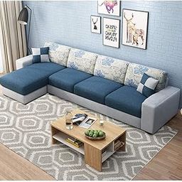 FURNY Orlando Fabric 5 Seater LHS Sectional L Shape Sofa Set with 2 Puffy (Blue-Grey)-image-50