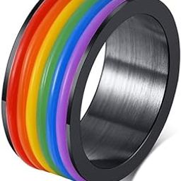 Stainless Steel Rainbow Rubber Striped Gay & Lesbian Pride Promise Engagement Wedding Band Ring-image-47