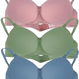 Women's T-Shirt Bra Full Coverage Lightly Padded Seamless Cotton Pack of 3 Combo for Women & Girls Gives Sexy & Stylish Look with Detachable Straps Comfort for Everyday wear Multi Color-1