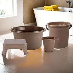 Kuber Industries Set of 4 Bathroom Combo Set | Bathing Set | Tub-Bucket-Mug & Stool Combo Set for Bathroom | Bathware Combo Set | Modern Bathroom Accessories Set | Brown-image-24
