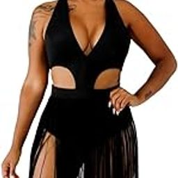 Women's Sexy Halter Backless Bathing Fringe One Piece Swimsuit (Small, 1) Black-image-1