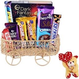 SFU E Com Chocolate Gift Hamper With Metal Cart Basket | Valentine Heart Teddy Bear With Chocolate Combo | Valentine Chocolate Hamper | 693-6