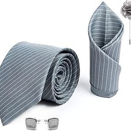 Mens Plaid Stripped Silk Necktie Gift Set With Pocket Square Cufflinks & Brooch Pin Tie For Men Formal With Leatherite Box (S1RX Free Size) | (Leather Gift Box) (Pack of 4)-image-42