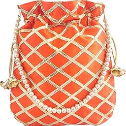 Women's Gota Patti Orange Potli Bag Purse with Pearl Handle-image-91