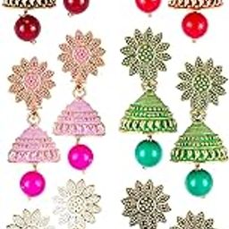Jhumka Earrings For Women girls,Earrings Combo set valentine gift Traditional Wedding Temple Gold Meenakari Ethnic Antique South Indian Round Pearl Moti jhumkas Feather Peacock jhumki combo M02-image-95