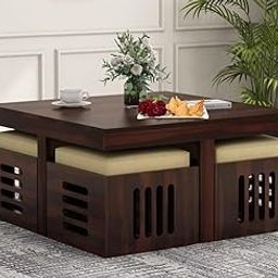 Custom Decor Solid Sheesham Wood Coffee Table with 4 Stools | Center Table for Living Room with Cushioned Stools | Teapoy for Living Room (W-Modern, 4 Stools)-16