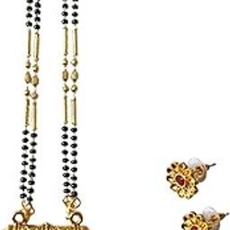 Maharashtrian Traditional Long Mangalsutra Set for Women – Gold Plated Micro Polish Black Beads Pipe Design with Pendant and Matching Earrings | Ethnic Wedding Jewelry-image-67