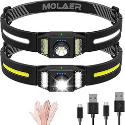 MOLAER LED Headlamp Rechargeable 2PCS, Wide Beam Bright Headlight Flashlight with White Red Light, Lightweight, Weatherproof, 9 Modes Motion Sensor Head Lamp for Outdoor Camping Running-13
