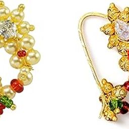 Maharashtrian Banu Nose Ring Piercing Traditional Pearl Gold Plated Nath Combo For Women and Girls-picture-28