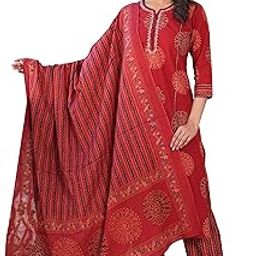 Women's Maroon Cotton Cambric Tradition Indian Print Calf Length Notch Neck with Embroidery Detaliing 3/4 Sleeves Straight Kurta with Pant and Duptta (Maroon)-image-30