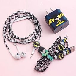Careflection 6-in-1 Multi Combo Spiral USB Cable Protectors + Earphones Winder + Sticker + Cable Clips + Earphone Jack Clip For 80w Oneplus OPPO Super VOOC Charger (Batman)-5