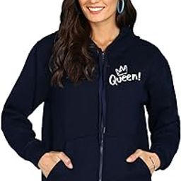 Queen Pocket Printed Women's Cotton Hooded Hoodies Sweatshirt with Zip Jacket Ladies Hoodie for Winter Sweatshirts for Women Winter wear Full Zipper Hoodies with 2 Kangaroo Pocket-image-1
