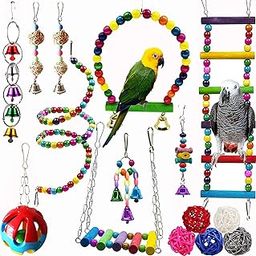 KUTKUT 15 Pcs Bird Parrot Swing Chewing Toys, Wooden Hanging Bell with Hammock Climbing Ladder Colorful Pet Birds Cage Toys for Small Parakeet Cockatiel Conures Finches Macaws Love Birds-image-81