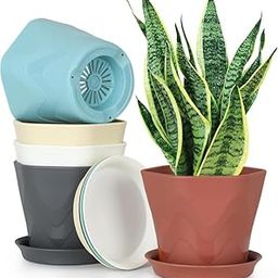 SR Store Plastic Round Flower Pots with Drainage Hole Saucers | Durable Outdoor Indoor Wave Pattern Planters with Tray | Plant Containers for Balcony, Garden, and Home (Set of 5, Multicolour)-image-96