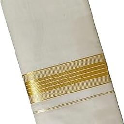 Men's Premium Handloom Dhoti (Kerala Mundu), 100% Cotton, Golden Kasavu Stripe-27