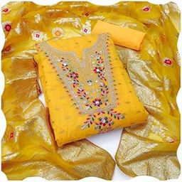 Unstitched Dress Material with Chanderi to Jaquard Embroidery Work Galla With Banarasi Heavy Duppata. Front Chanderi Butti Silk and Back Chanderi Plain. Bottom and Inner Unstitched Plain Crape.-image-49
