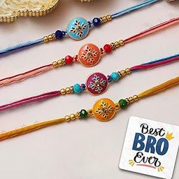 eCraftIndia Set of 4 Multicolor Floral Designer Rakhis, Best Bro Ever Fridge Magnet with Roli Chawal Pack - Rakhis for Brother, Bhabhi, Kids-8