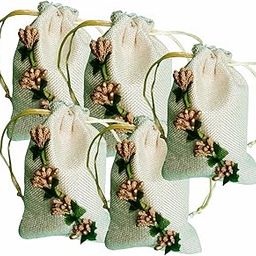 BERRYCRAVE Jute Linen Potli With GOLDEN POLLEN MOTIFF | Return Gifts Pouch | Wedding Gift | Jewellery | Ring | Shagun Coins | Drawstring Closure - 15 X 10 Cm - SET OF 5 (GOLDEN POLLEN D)-image-32