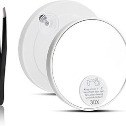 NQEUEPN 30x Magnifying Mirror, Easy Mounting 30x Magnifying Mirror with Suction Cups and Tweezers Magnifying Makeup Mirror for Travel Stick on Shower Mirror for Plucking Eyebrows, 3.5 Inch, White-72