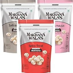 MakhanaWala's Roasted & Flavored Makhana | Gluten-Free Vegan Snacks | Healthy Diet Snacks | Spicy Treat, Salt & Pepper, and Himalayan Pink Flavored Makhana, Pack of 3, 60g Each|-18
