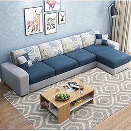 FURNY - Rolan Fabric 5 Seater RHS L Shape Sofa Set (Blue-Grey)-8