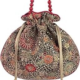Nora Floral Potli Handbag, Multi Colour Traditional Embroidered Design, Red Beaded Handle with Tassels-14