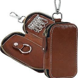 PU Leather Large Key Case Pouch Wallet Keychain Key Holder with 6 Hooks Zipper Closure - Brown-24