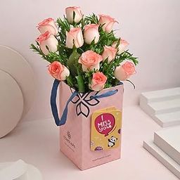FlowerAura Fresh Live Flower Bouquet of 12 Pink Roses In "I Miss You" Box For Birthday & Anniversary Gift, Wedding Gift, Mother's Day Gift, Love & Romance Gift, Father's Day Gift (Same Day Delivery)-image-12