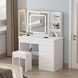 Homsee Vanity Desk Set Makeup Table with Large Lighted Mirror, Dressing Table with 5 Drawers, Storage Shelves & Cushioned Stool for Bedroom, White-picture-15