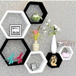 BAS Engineered Wood Brown Art Shoppee Decorative Display With Hexagon Shape Set Of 6 Floating Wall Shelves And Racks For Living Room (Black & White)-picture-1