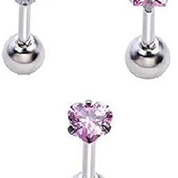 Stud Earrings for Unisex Combo of 3 Pcs Pink Silver Cubic Zirconia Stainless Steel Crystal Helix Cartilage Single Stud Earrings for Women and Girls-image-24
