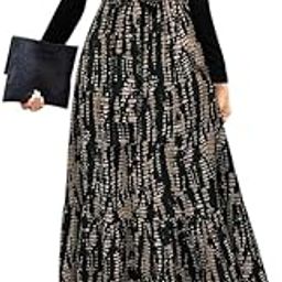 Clasi Women's Autumn Dress with Bow Tie Belt, Leaf & Floral Patchwork A-Line Dress Maxi Women Outfit Black-image-0
